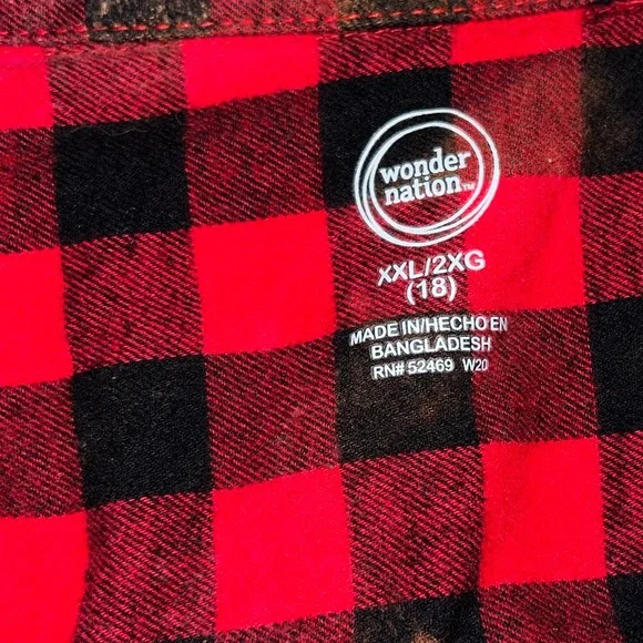 ⭐️Wonder Nation Juniors Red Black Custom Bleached Plaid Button Flannel Size XXL - Picture 7 of 8